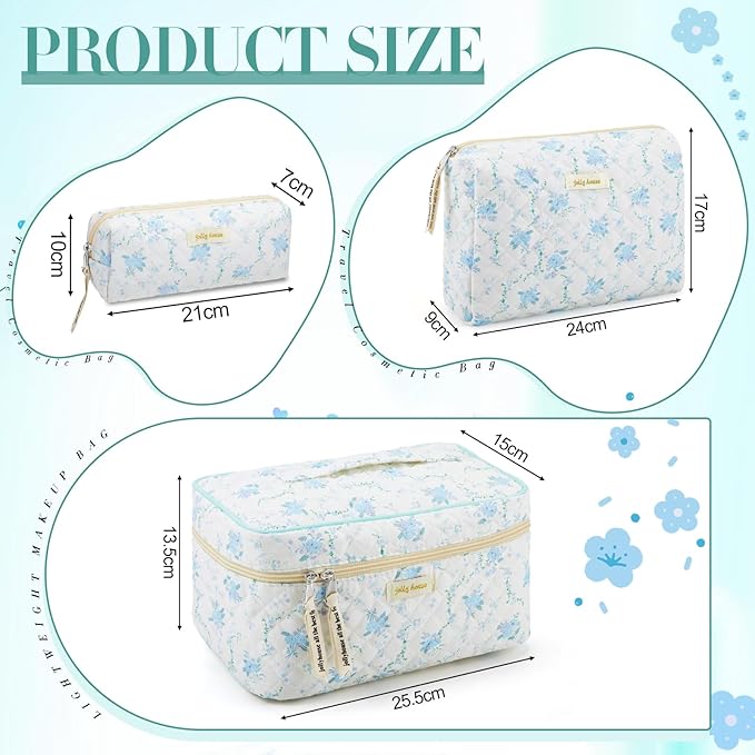 Zeyune 3 Pcs Makeup Bag Quilted Cosmetic Bags Large Floral Makeup Bag Set for Women Cotton Flower Travel Toiletry Storage Cute with Zipper for Women Mom Birthday Gift Home Bathroom(Peony)