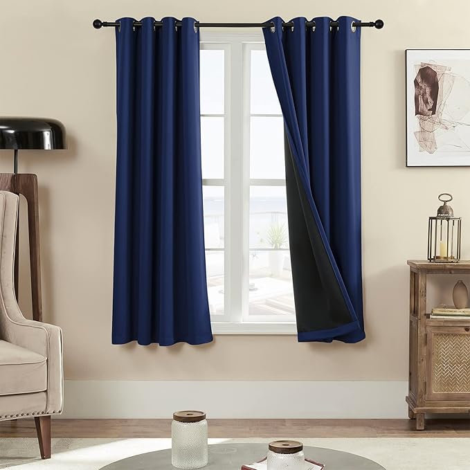 Rutterllow 100% Blackout Curtains 2 Panels, Full Shade 63 Inches Long Complete Drapes for Living Room, Thermal Insulated Bedroom Window Treatment Drapes (Navy Blue, 52x63 inch)