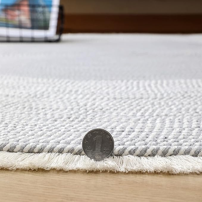 Handwoven 4ft Round Cotton Rope Rug with Tassel Trim – Washable Boho Braided Circle Rug for Living Room, Bedroom, Nursery – Soft Gray, Durable & Natural