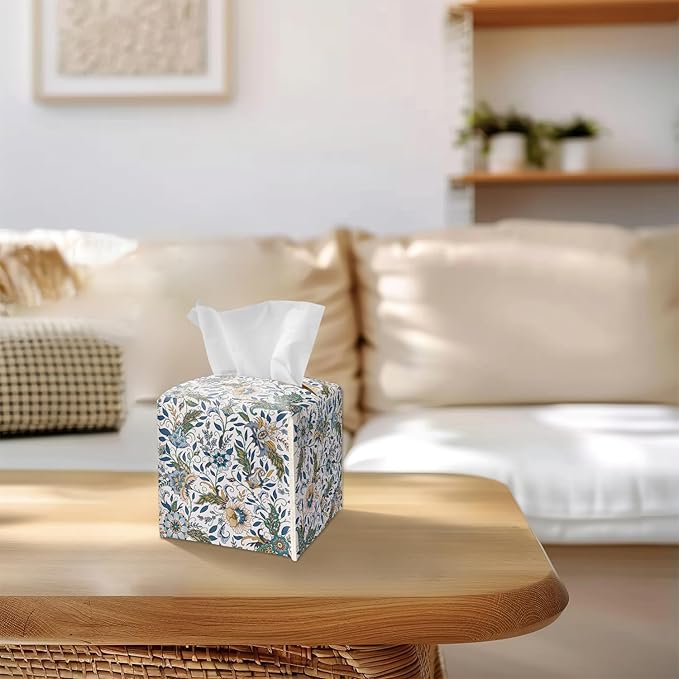 Columbia Blue Block Print Tissue Box Cover Square, Vintage Floral Leather Tissue Box Holder with Bottom Belt, Modern Home Decoration for Nightstands, Dining Table, Office, Car -16