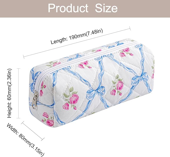 WHHJM Cute Floral Makeup Brush Bag Small Cotton Quilted Cosmetic Bag for Women Travel Toiletry Zipper Make Up Pouch (Blue Bowknot Rose)