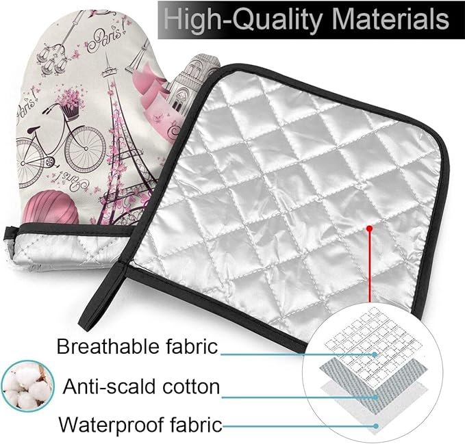 Paris Theme Oven Mitts and Pot Holders Eiffel Tower Romantic Travel Insulated Gloves & Kitchen Counter Safe Mats for Cooking BBQ Baking Grilling (2-Piece Set)