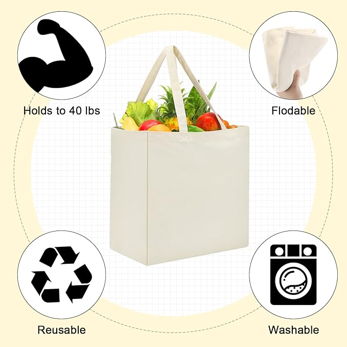 Reginary 12 Pack Canvas Grocery Bag Large Blank Shopping Tote Bags Reusable Pouches Bulk with Handle, 14 x 14 x 7.9''