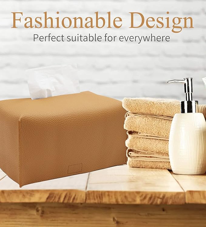 Livelab Tissue Box Cover, Modern Decorative PU Leather Rectangular Tissue Box Case Organizer Holder for Vanity Countertop, Night Stands, Livingroom, Office Desk & Car 9.5X5X5'' | Camel