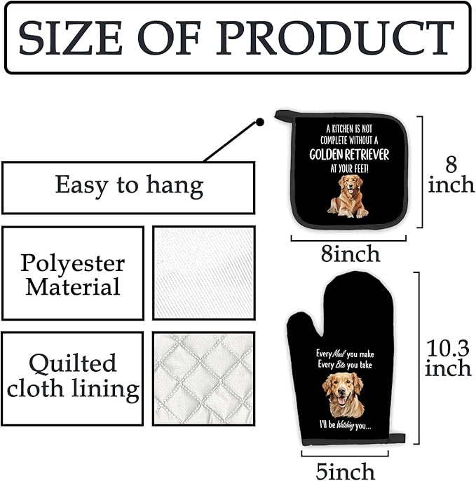 Golden Retriever Gifts for Women, Dog Oven Mitts and Pot Holders Sets, Golden Dog Decor Kitchen Accessories Sets, GoldenRetriever Heat Resistant Oven Glove Potholders for Kitchen Baking