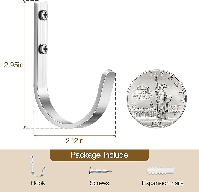 Josmimic Aluminum Wall Hooks for Hanging Towel/Coat - 22LB Screw in Metal Hanger Wall Mount, for Outdoor, Closet, Door, Bathrooms, for Backpack, Robe, Silver 5 Pack