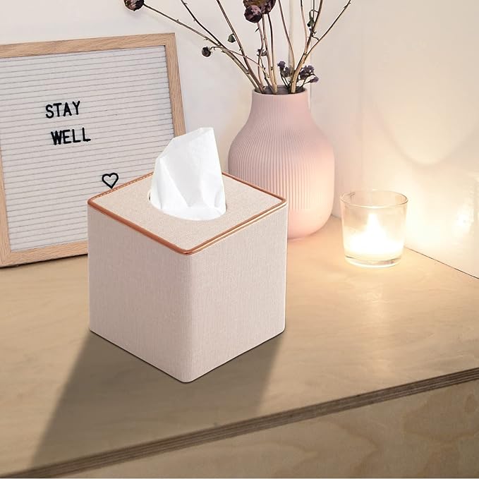 RHCSZ Linen Square Tissue Box Cover,Cube Tissue Box Holder－Excellent Rosegold Leather Decoration,Table Napkin Case Dispenser,Facial Tissues Organizer with Magnetic Bottom for Home Office Car(Beige)