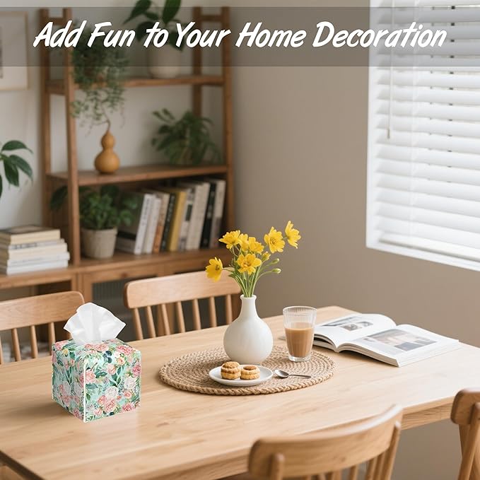 Watercolor Floral Tissue Box Cover Square,Flowers and Leaves Tissue Box Holder with Belt Bottom,Stylish Leather Napkin Holder for Vanity Countertop,Nightstands,Office Desk,5.2"×5.2"×5.2"