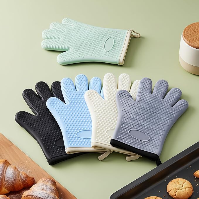 Silicone Oven Mitts Ven Gloves with Fingers Pot Holders and Oven Mitts Heat Resistant Kitchen Baking Cooking Barbecue Accessories 2 Pack White