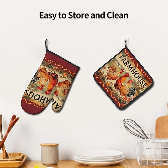 Farmhouse Rooster Oven Mitts and Pot Holder Set of 2 Vintage Chicken with Floral Kitchen Gloves Potholders Heat-Resistant Rustic Oven Gloves Hot Pads for Cooking Baking Grilling