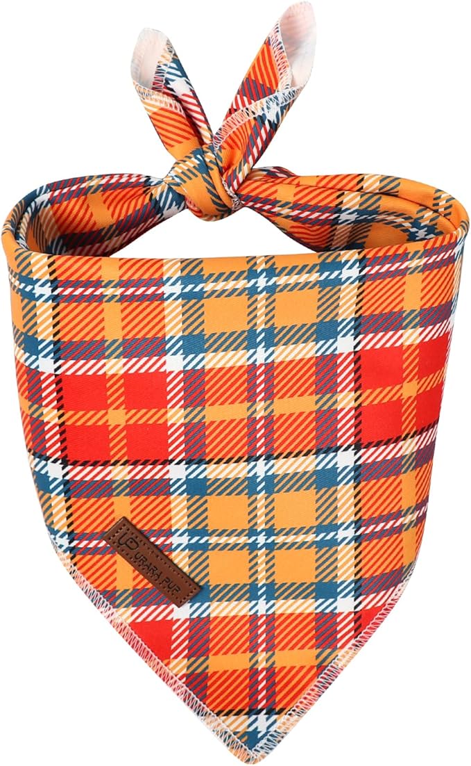 UP URARA PUP Fall Dog Bandana – Orange Yellow Plaid Triangle Scarf for Small Medium Large Dogs, Soft Cotton Pet Bib for Autumn Thanksgiving, Adjustable Dog Kerchief for Daily Fall Wear