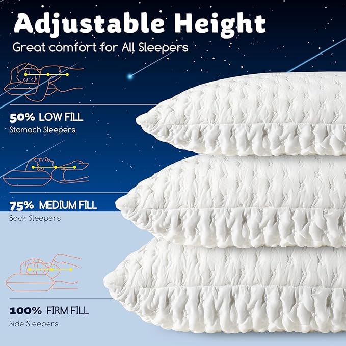 Cooling Side Sleeper Pillow for Adults, Firm Bed Pillow for Side Sleepers Neck and Shoulder Pain, Luxury Shredded Memory Foam Pillow Set of 1- Adjustable King Size- Washable Cover Original White