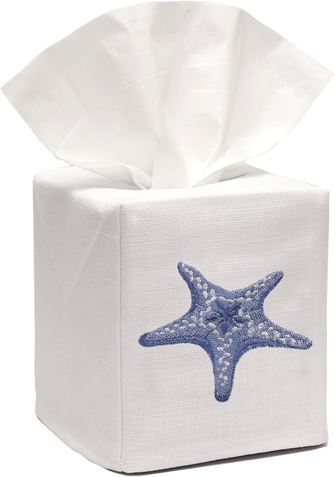 Jacaranda Living Square Tissue Box Cover, Linen/Cotton Fabric Tissue Holder, Decorative Cloth Tissue Cube Cover, Coastal Designs Morning Starfish (Blue)