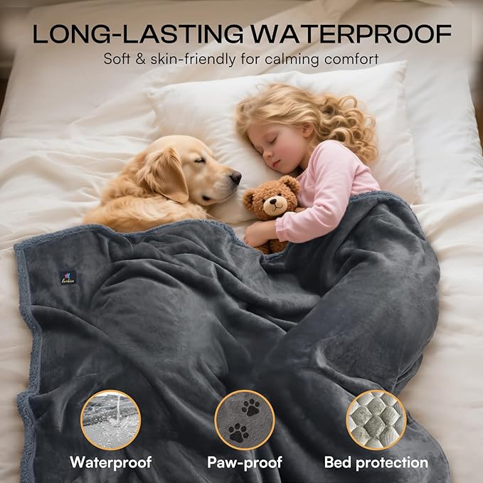 Luciphia Waterproof Bed Blanket Washable, Soft Sherpa Fleece Puppy Reversible Throw Blankets for Medium Large Dog Cat, Furniture Cover Protector Couch Bed from Liquid Pee and Pet Fur, Grey,65" x 57"