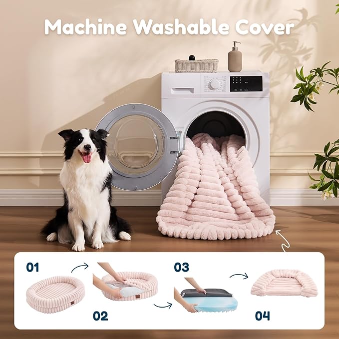 ChiXnuggle Dog Bed Large Sized Dog - Luxury Striped Faux Fur Waterproof Pet Couch with Removable Washable Cover, Orthopedic Pet Bed with Bolster Sides for Sleeping, Pink