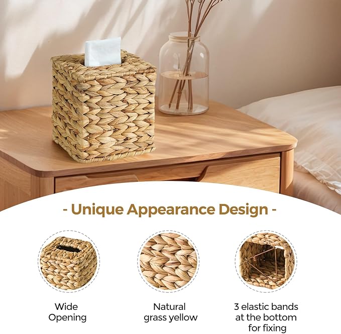 KALEKAIL Wicker Tissue Box Cover, Rattan Tissue Box Holder Square, Boho Decorative Woven Water Hyacinth Cube Tissue Holders for Bathroom Living Room Kitchen