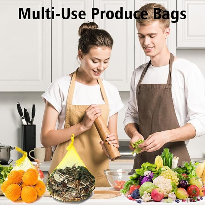 Shellvcase 100Pcs Reusable Produce Mesh Bags, 24’’ Seafood Boil Bags for Crab Clam Shellfish Crawfish Cooking, Mesh Produce Bagfor Onion Potato Vegetable & Garden Produce (Yellow)