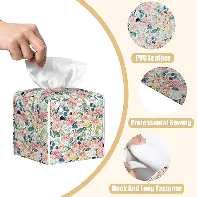BLYKVGHQ Pink Watercolor Flowers Tissue Box Cover Square, Tissue Box Holder with Bottom Belt Leather Facial Paper Organizer Dispenser for Bathroom Bedroom Dresser Night Stand Tabletop