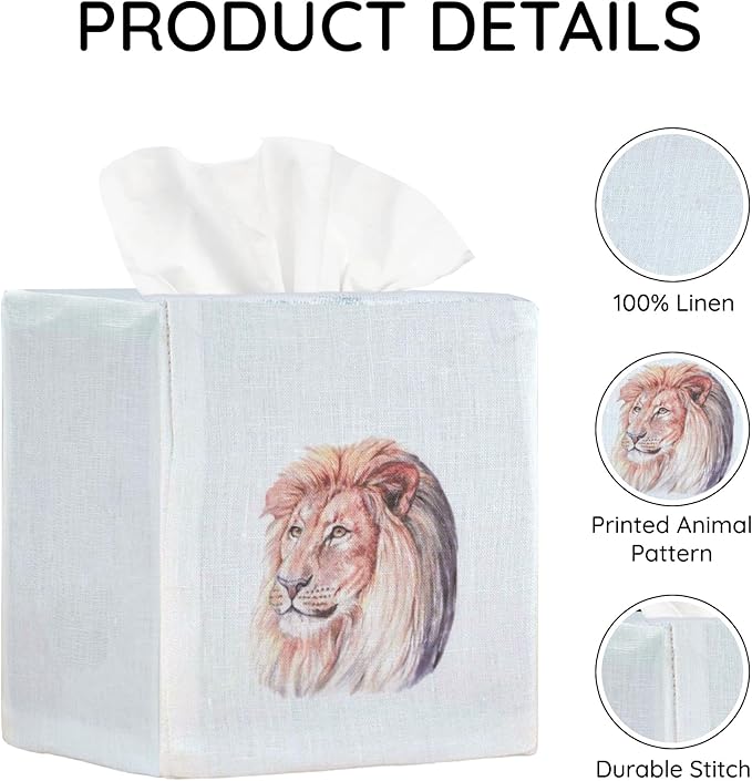 EmbroideryLinen.VN Tissue Box Cover Set of 2, Square Linen Tissue Holder, Printed Animal Pattern, 4.5x4.5x5.5 Inches, Decorative Holder for Bathroom, Living Room, Office (Lion)