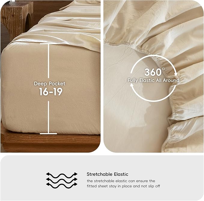 MooMee Bedding Sheet Set 100% Washed Cotton Linen Like Textured Breathable Durable Soft Comfy (Heathered Almond Milk Grey, King)