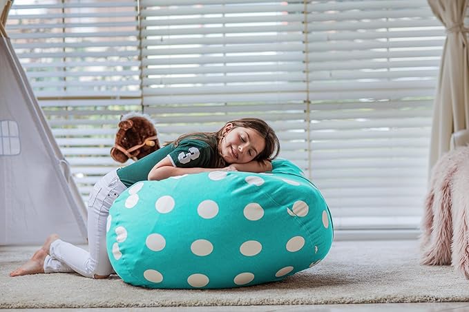 WEKAPO Stuffed Animal Storage Bean Bag Chair Cover for Kids | Stuffable Zipper Beanbag for Organizing Children Plush Toys Large Premium Cotton Canvas (AquaDot, X-Large)