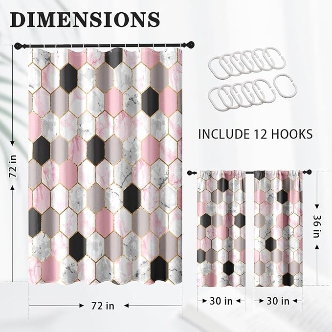 Culudea Geometric Gold Pink Shower Curtain Set, Gray Marble Vintage Bathroom Window Waterproof Shower Curtain Set for Bathroom Decor