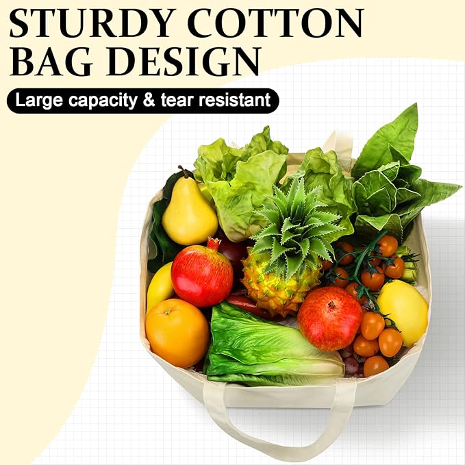 Reginary 12 Pack Canvas Grocery Bag Large Blank Shopping Tote Bags Reusable Pouches Bulk with Handle, 14 x 14 x 7.9''