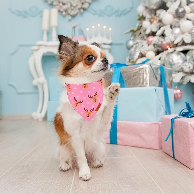 PTDECOR Christmas Dog Bandana,Xmas Pink Scarf Santa Deer Reversible Holiday Dog Scarf, Female Christmas Bandanas for Small Dogs Pets (Small)