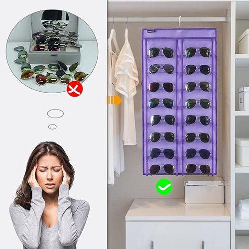 ANZORG Dual Sided Hanging Sunglasses Organizer Wall Eyeglass Holder Sunglass Rack for Home with 32 Dust Proof Pockets (32 Pockets-Purple)