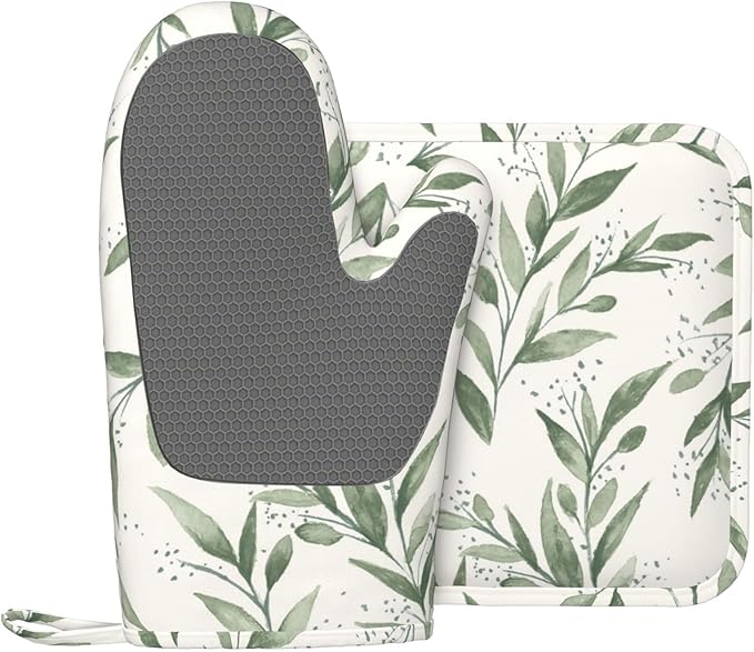 Silicone Oven Mitts and Pot Holders Sets, Home Green Leaf Heat Resistant BBQ Gloves for Kitchen Baking Cooking Grilling Microwave