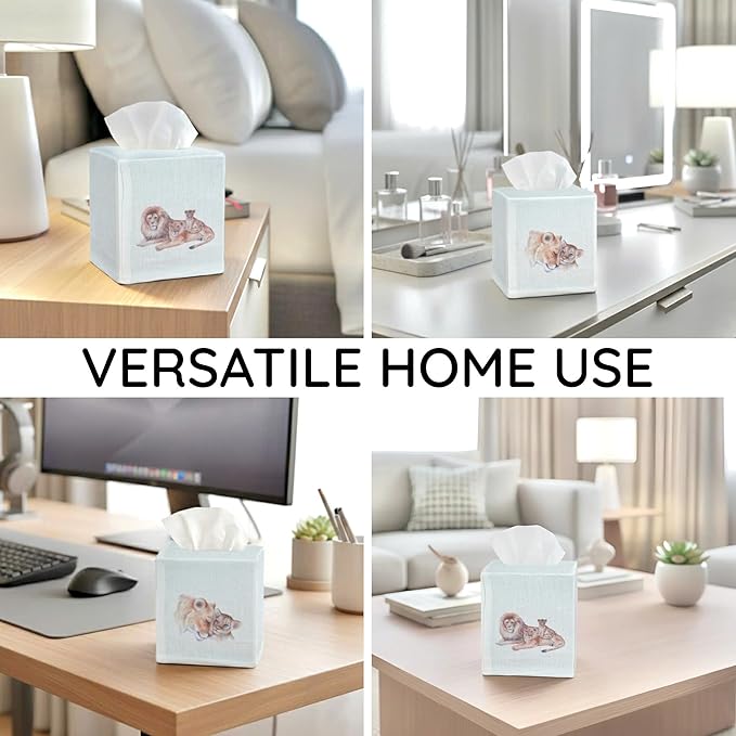 EmbroideryLinen.VN Tissue Box Cover Set of 2, Square Linen Tissue Holder, Printed Animal Pattern, 4.5x4.5x5.5 Inches, Decorative Holder for Bathroom, Living Room, Office (Lion Love)