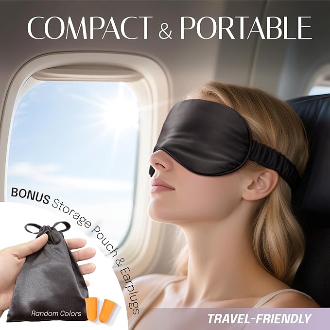 Silk Sleep Mask Eye Mask Blindfold with Double Layer Silk Filling and Elastic Strap for Full Night's Sleep, Travel and Nap, Soft Eye Cover Eyeshade with Luxury Bag and Ear Plugs (Champagne)