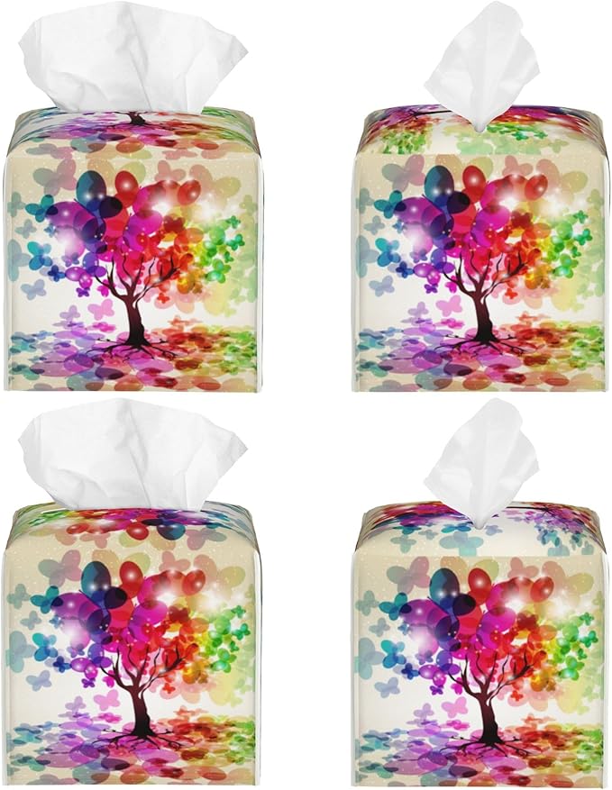 POIUBLE Colorful Tree Tissue Box Cover Leather Tissue Box Holder Square Facial Paper Organizer Dispenser for Bathroom Kitchen Bedroom Vanity Countertop Night Stands