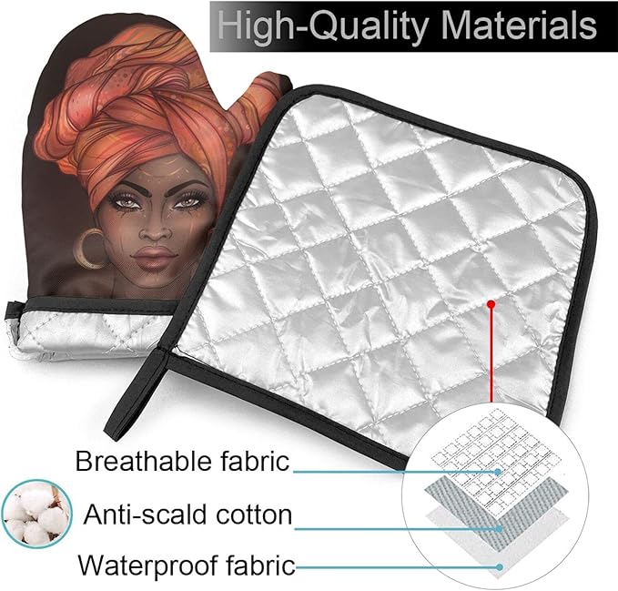 African American Black Woman Oven Mitts and Pot Holders Insulated Gloves & Kitchen Counter Safe Mats for Cooking BBQ Baking Grilling (2-Piece Set)