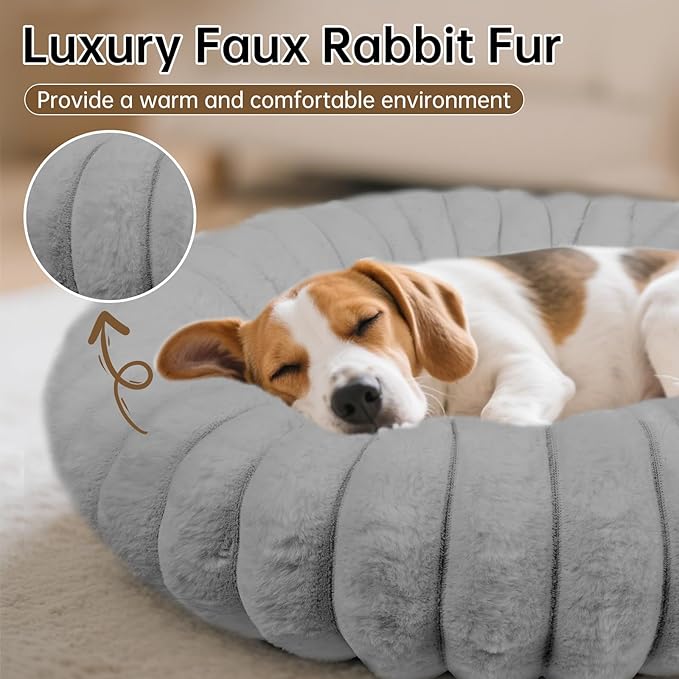 Vhen When Donut Dog and Cat Bed, Luxurious Comfortable Faux Rabbit Fur Pet Beds, Soft Anti-Anxiety Calming Puppy Kitten Bed with Anti-Slip Bottom for Small Medium Dogs & Cats(20", Grey)