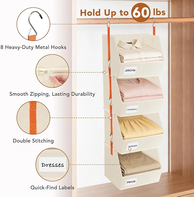 Baesyhom 4 Pcs Modular Closet Organizer - Detachable & Foldable Hanging Storage Cubes, 88L Total Capacity, Heavy Duty Fabric Shelves for Wardrobe, Closet Organization, RV, Dorm, Beige