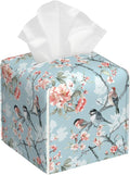 Pink Flowers Birds Tissue Box Cover,Watercolor Floral and Bird Waterproof Leather Square Tissue Box Cover Case Facial Paper Organizer Dispenser Box Holder for Home Office Bathroom Vanity Countertop