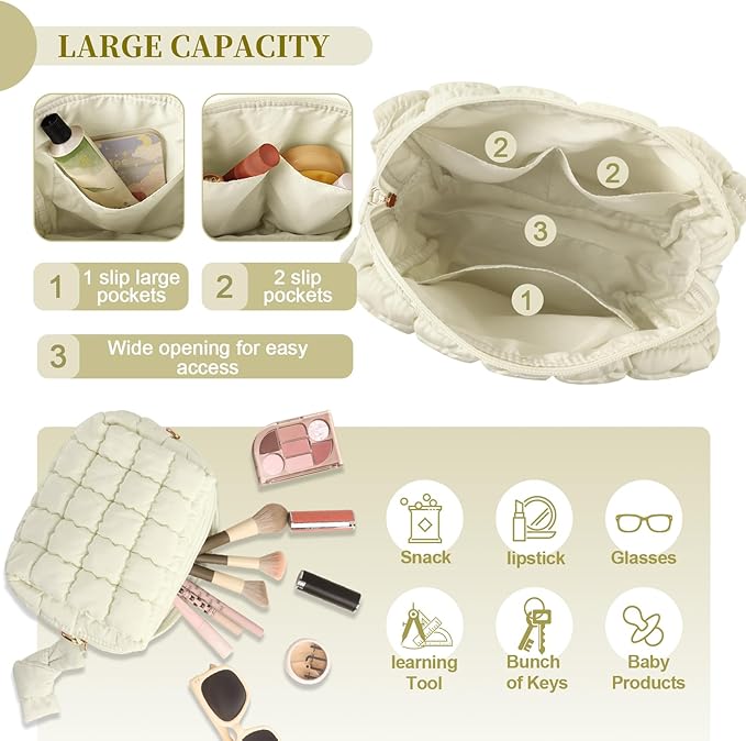 Puffer Quilted Makeup Bag Cosmetic Bags,Puffy Travel Toiletry Pouch for Women,Cute Checkered Zipper Bag Travel Essential,Portable Aesthetic Make up Organizer Bag for Gifts Work Daily(Beige,M)