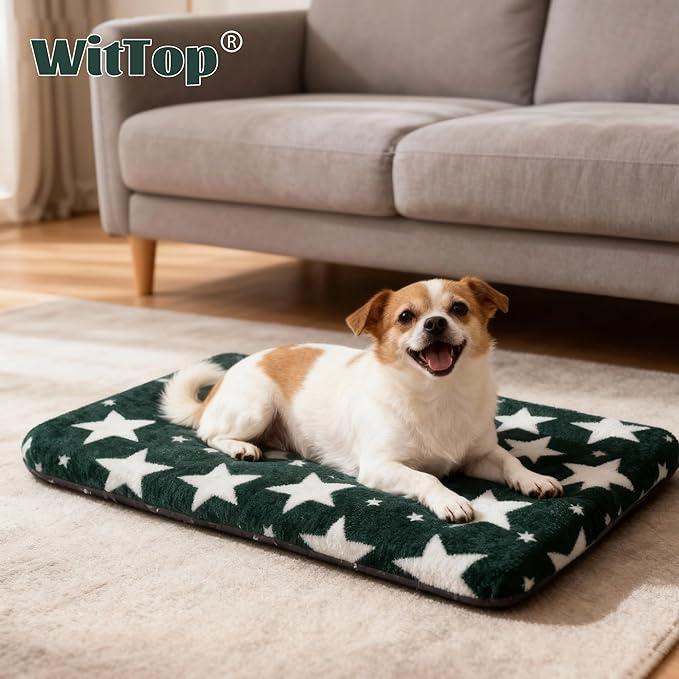 Wittop Washable Dog Bed Plush Orthopedic Outdoor Crate Mat with Non-Slip Bottom,Luxe Soft Kennel Pad for Pets, Cozy Cage Cushion & Pet Sleeping Mattress Large Sized,Medium,Small Dogs,30x20 inch,Green