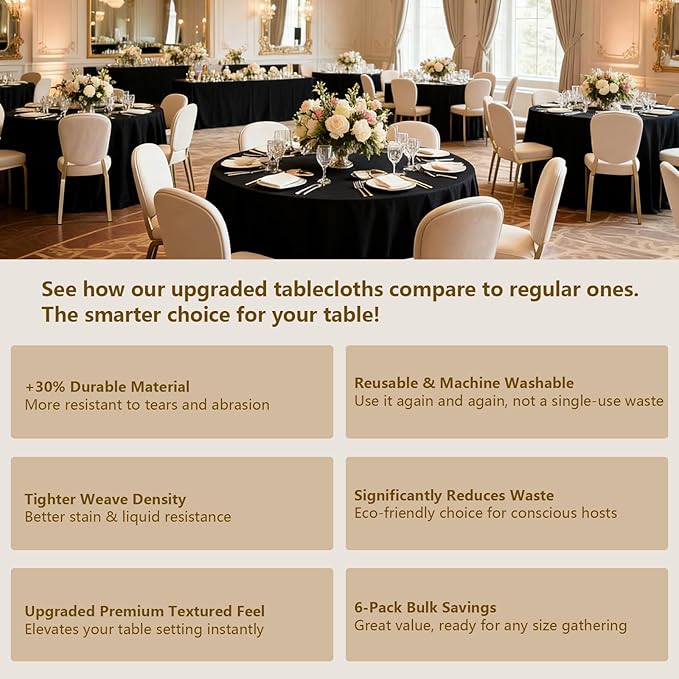 Black Round Tablecloth 6-Pack, 120 Inch Diameter Table Cloth for Round Tables - Polyester Fabric Tablecloths, Reusable & Washable Table Cover