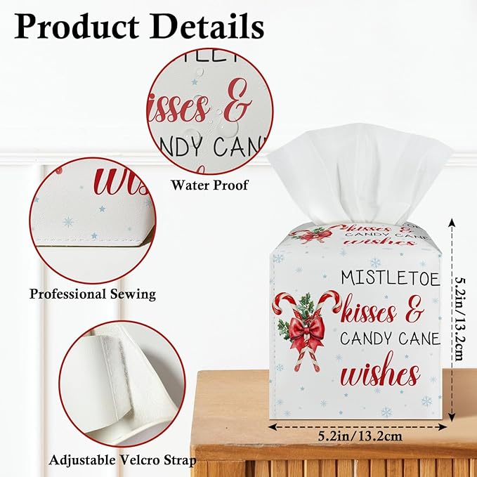 Christmas Candy Cane Tissue Box Cover, Leather Tissue Holders Decorative for Home Office Kitchen Bathroom Organizer, Square Facial Paper Organizer Christmas Home Decor -042
