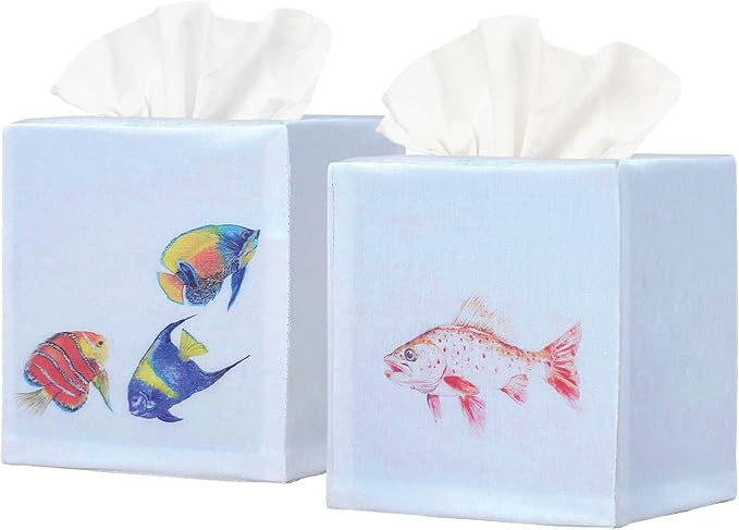 EmbroideryLinen.VN Tissue Box Cover Set of 2, Square Cotton Tissue Holder, Printed Animal Pattern, 4.5x4.5x5.5 Inches, Decorative Holder for Bathroom, Living Room, Office (Fish)