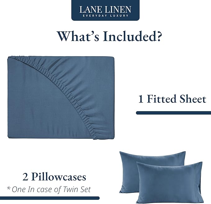 LANE LINEN Twin XL Fitted Sheet, 100% Organic Cotton 2-Piece Set (1 Fitted Sheet, 1 Pillowcase), Percale Weave, Bottom Sheet, Soft, Breathable, Fits Mattress Upto 15" Deep - Navy (No Flat Sheet)