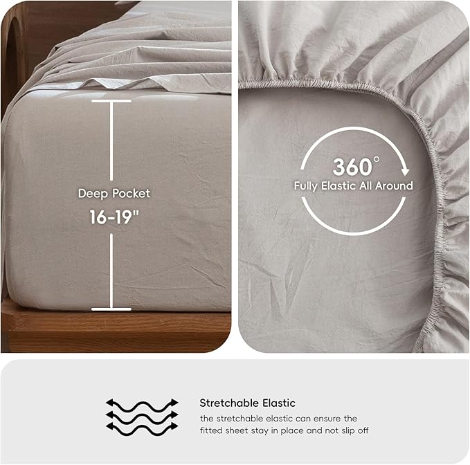 MooMee Bedding Sheet Set 100% Washed Cotton Linen Like Textured Breathable Durable Soft Comfy (Solid Light Tan, Full)