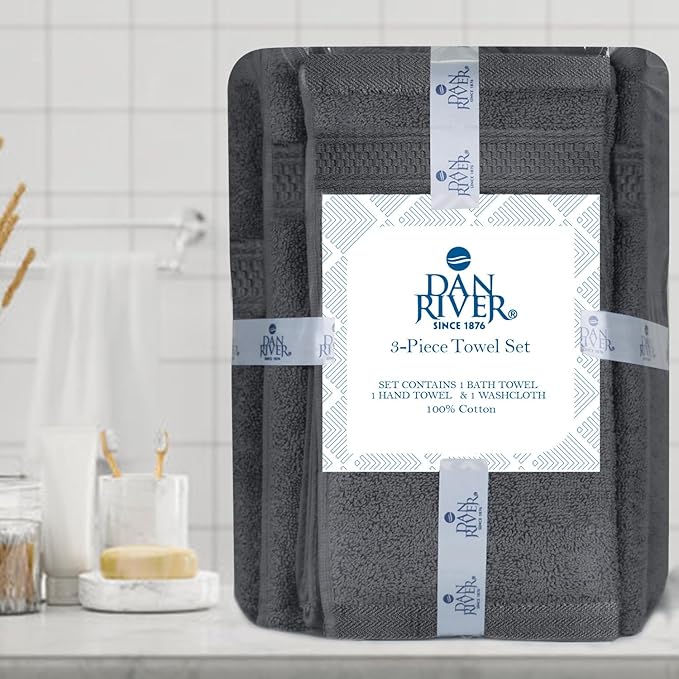DAN RIVER 100% Ring Spun Cotton 3-Piece Towel Set, Dark Gray, Bath Towel, Hand Towel and Washcloths, 550 GSM - Soft, Absorbent Quick Dry Cotton Towels for Bathroom, Spa, and Gym