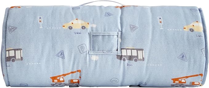 DuShow Cotton Toddler Nap Mat for Boys,Roll Up Slumber Bags Cars Pattern,Toddler Nap Mat with Removable Pillow and Blanket, Kids Sleeping Mat for Daycare,Preschool and Kindergarten-Blue