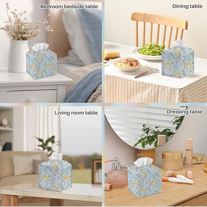 Tissue Box Cover, Tissue Box Holder, Square with Belt Bottom, PU Leather Decorative Organizer for Desk, Tabletop, Countertop Bathroom, Toilet Car, Bedside, Dresser Kitchen, Squirrel Flower Tree Decor