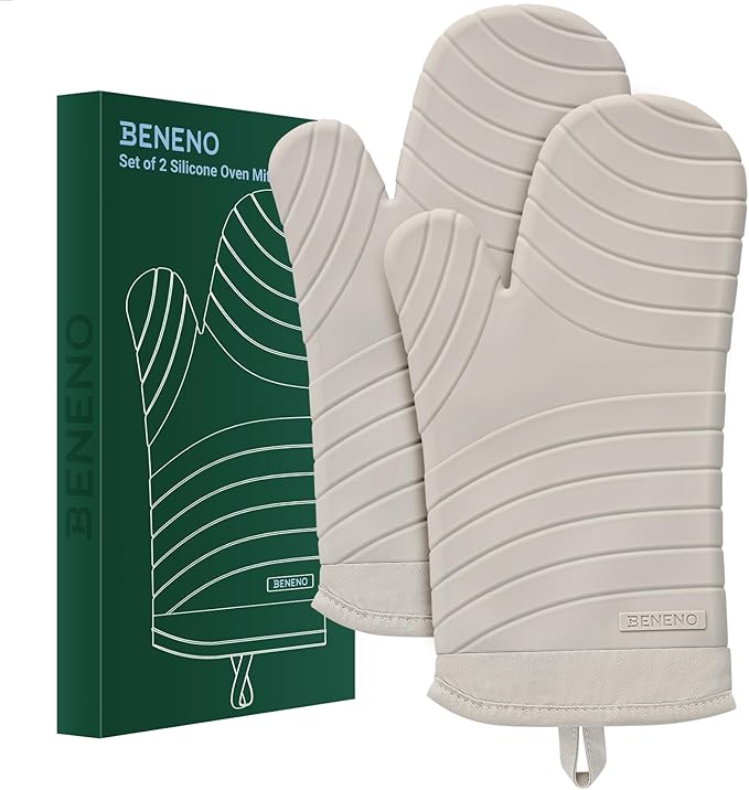 Beneno Heat Resistant Silicone Oven Mitts BPA-Free, Non-Slip Textured Grip & Quilted Cotton Lining, Waterproof Kitchen Mitt 2-Pack Set, 7"x13", Beige