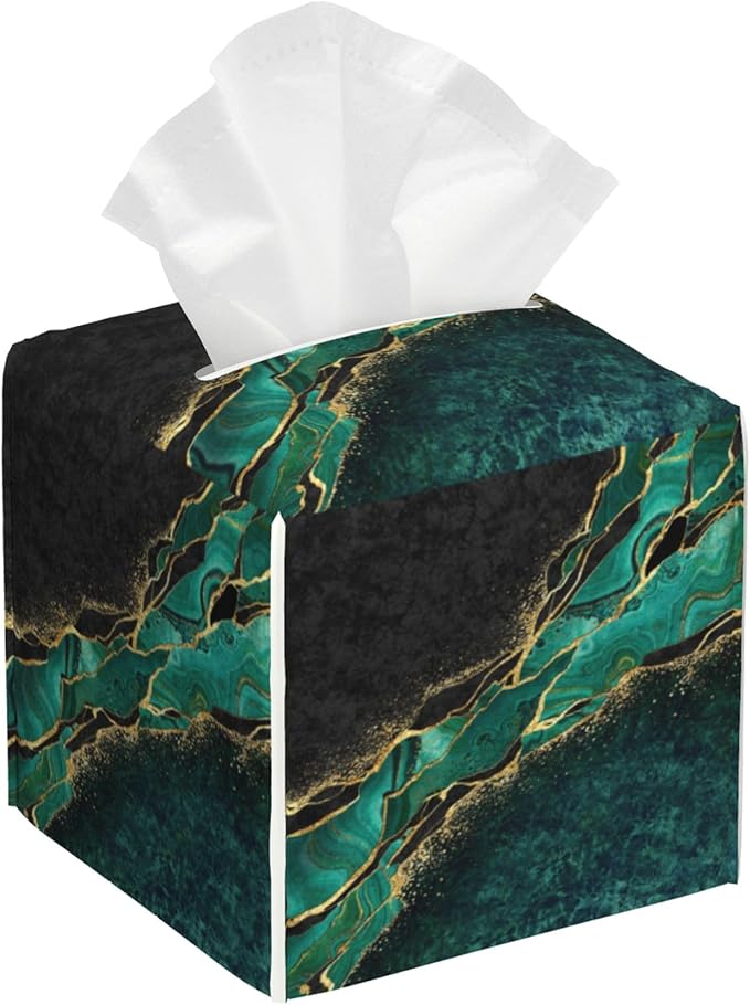 POIUBLE Green and Gold Marble Tissue Box Cover Leather Tissue Box Holder Square Facial Paper Organizer Dispenser for Bathroom Kitchen Bedroom Vanity Countertop Night Stands