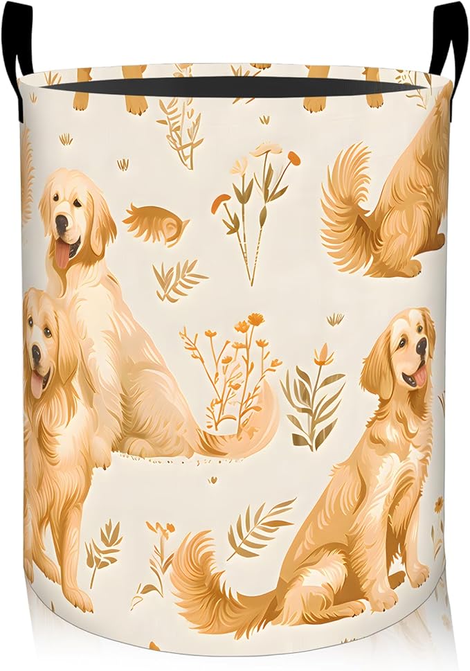 ainori Cute Golden Retriever Dog Laundry Basket, Oxford Cloth Nature Dirty Clothes Collapsible Hamper for Room Decor, Puppy and Plant Print Gifts Toy Organizer 19.7*15.8 Inch for Bedroom Bathroom Dorm